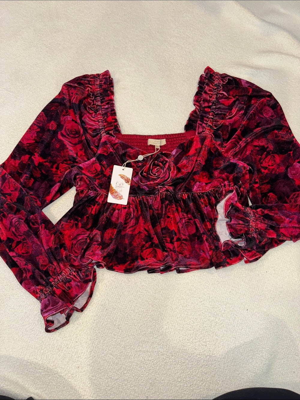 Chelsea & Violet Red Rose Velvet Smocked Peplum Crop Top Size XL